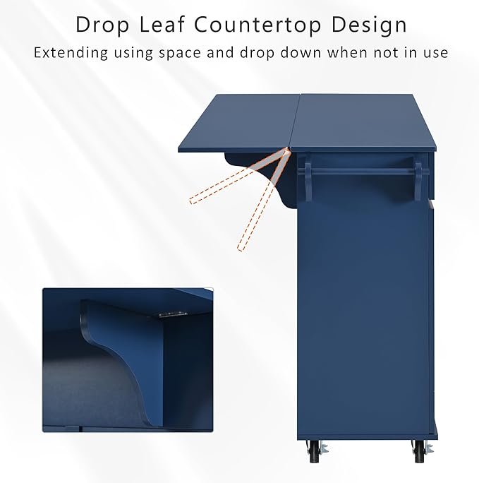 53" Kitchen Island with Drop Leaf, Dining Storage Cart W/Spice Rack, Towel Rack - Image 7