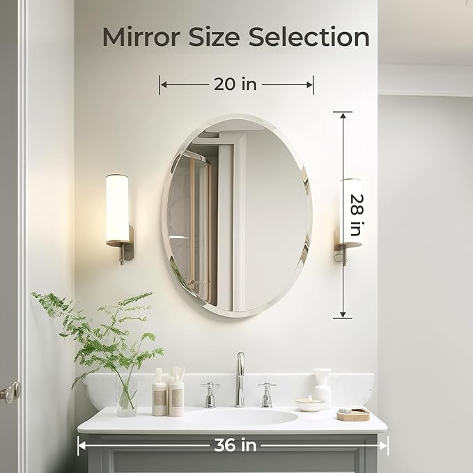 KOHROS Frameless Oval Mirror 20" x 28" Bathroom Wall Mirror w/Polished Beveled - Image 3