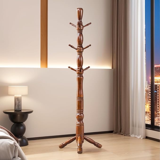 Wood Coat Rack Hall Tree, Stable Triangle Base Coat Tree - Image 2