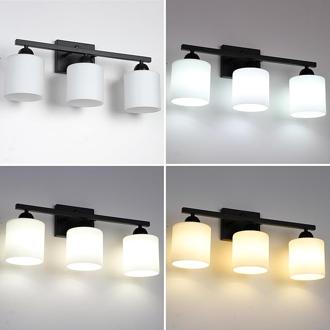 Milk Glass Vanity Lights for Bathroom, 3 Light Matte Black Bathroom Light - Image 3