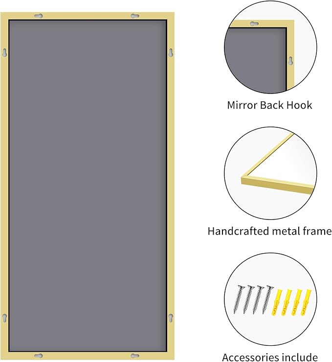 30x55In Gold Bathroom Mirror for Wall, Brushed Gold Rectangle Mirrors - Image 9