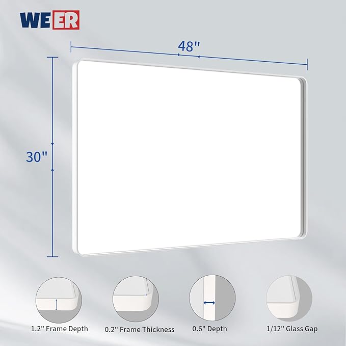 WEER White Bathroom Mirror 48X30 Inch, Rounded Rectangle White Metal Frame - Image 6