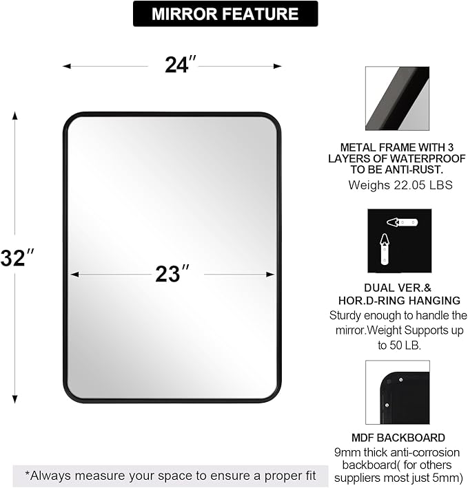 ANDY STAR 24x32 INCH Black Bathroom Mirror, Rounded Rectangle Mirror - Image 2