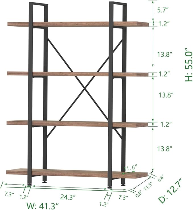 HSH Industrial 4 Tier Bookshelf, Modern Metal and Wood 4 Shelf Bookcase Etagere - Image 7