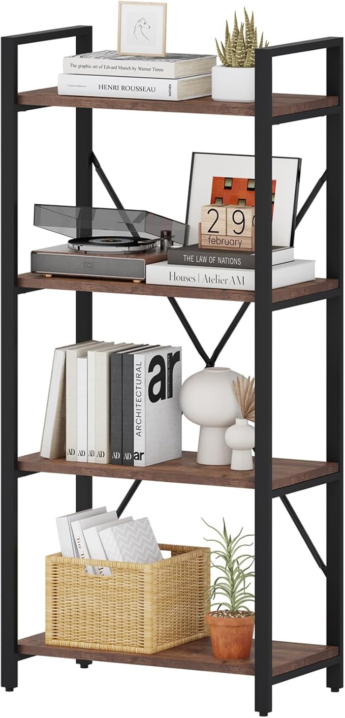 BON AUGURE Industrial 4 Tier Bookshelf, Modern Open Etagere Bookcase, Wood - Image 3