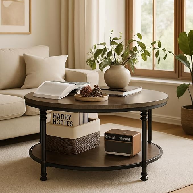 34.25in Round Wood Coffee Table, 2-Tier Small Coffee Table - Image 3