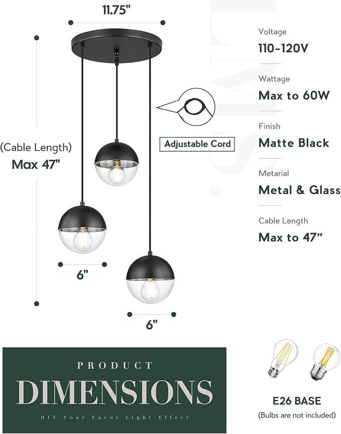 LMS Modern 3-Light Cluster Pendant Lights, Matte Black Kitchen Island Light - Image 3