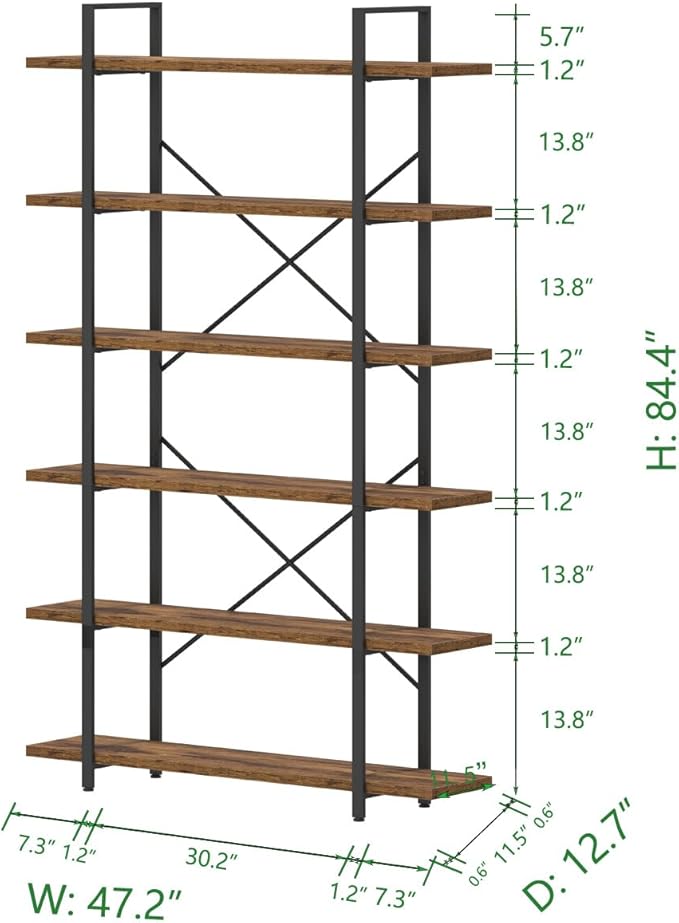 HSH 6 Shelf Tall Bookcase, Industrial Modern Large 6 Tier Bookshelf, Open Wood - Image 7