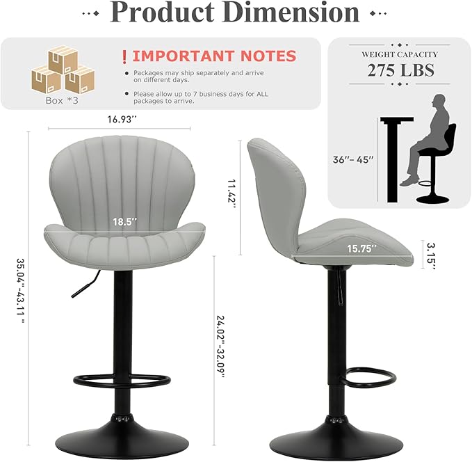 COLAMY Bar Stools Set of 6, Modern Swivel Bar Chairs, Adjustable Faux Leather - Image 2