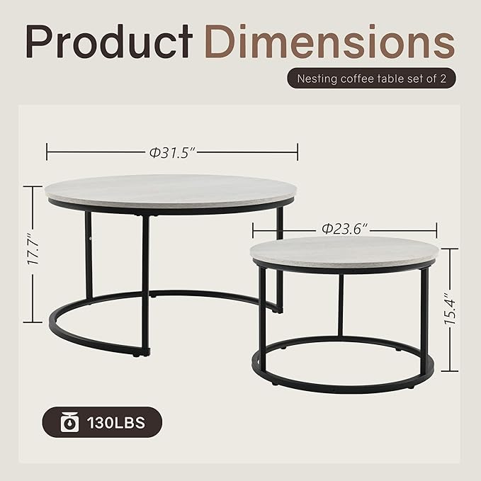 Nesting Tables Set of 2, 31.5" Round Coffee Table, Small Nesting Coffee Table - Image 2