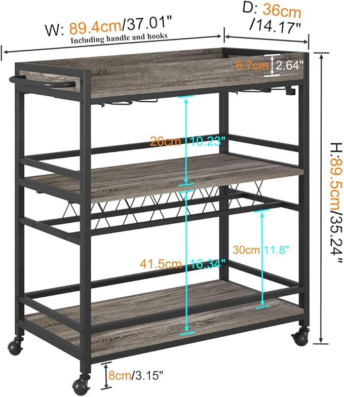 BON AUGURE Bar Cart, Home Bar Serving Cart on Wheels, Mobile 3 Tier Liquor - Image 5