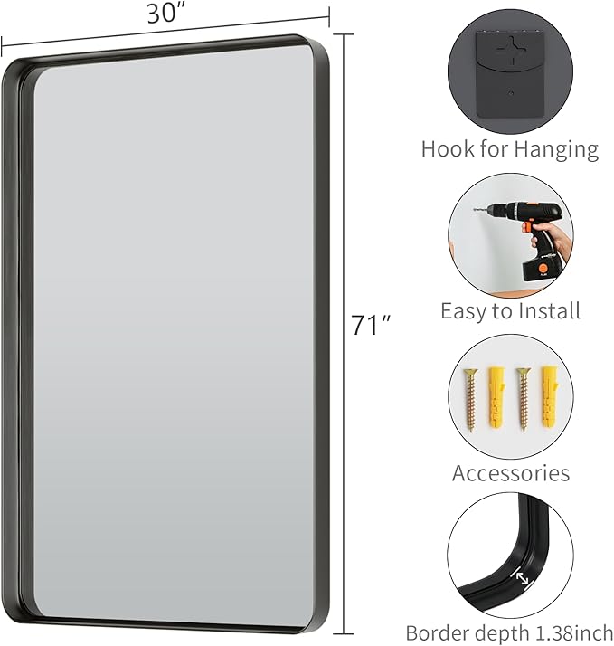 Koonmi Black Bathroom Mirror for Wall, 30x71 Inch Matte Metal Deep Framed - Image 5