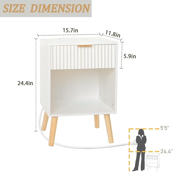 White Nightstand with Charging Station, Mid Century Modern Bedside Table with - Image 3