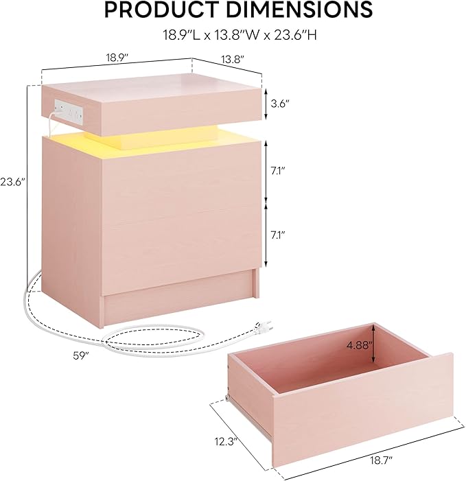 LIKIMIO Night Stand with Charging Station, Modern Pink Nightstand with LED - Image 2