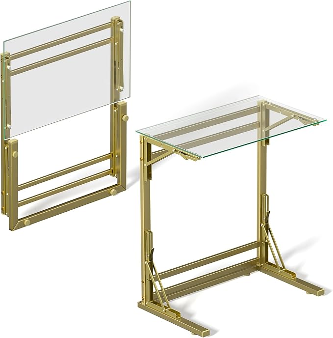 Tatub 24" Folding TV Tray Table Set of 2, Glass C Shaped End Table by Tatub