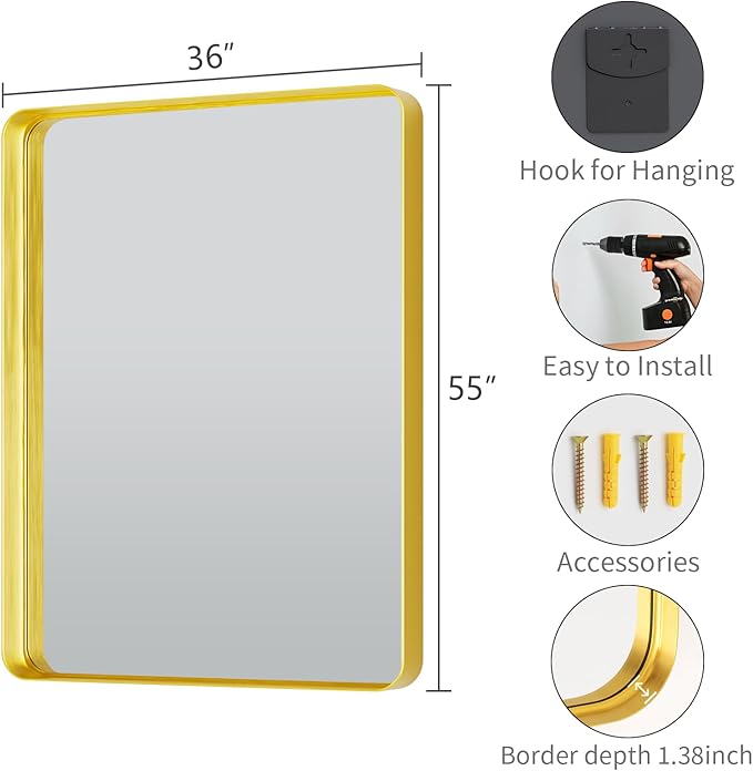 Koonmi Gold Wall Mirror for Bathroom, 36x55 Inch Matte Deep Framed Rounded - Image 5