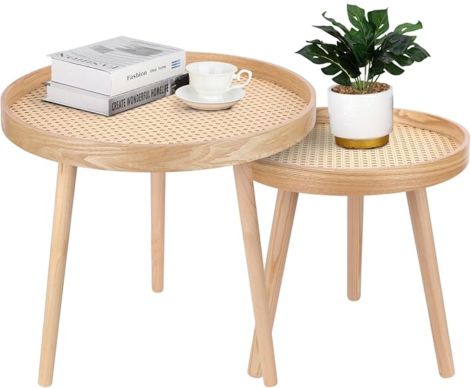 Round Coffee Table Set of 2, Natural Boho Side Table, Small Mid Century Modern by ZYBTtoCreateHappyMemories