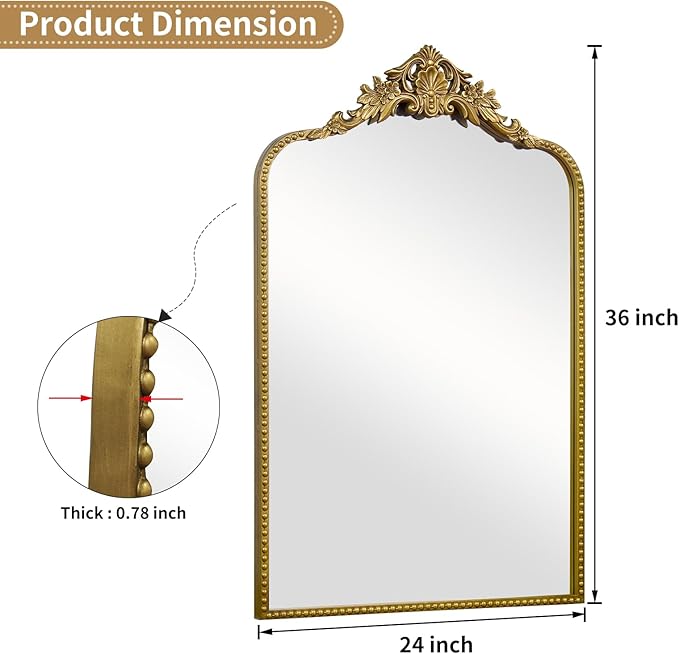 G-LEAF Vintage Baroque Mirror 24"X36", Arched Mantel Victorian Antique - Image 4