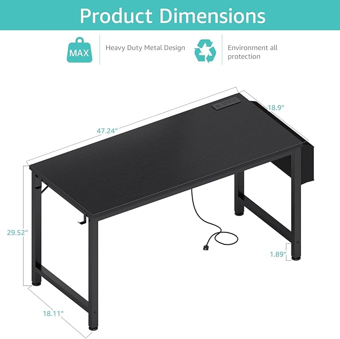 Lufeiya Gaming Desk with Power Outlet, 47 inch Teen Study Table Home Office - Image 3