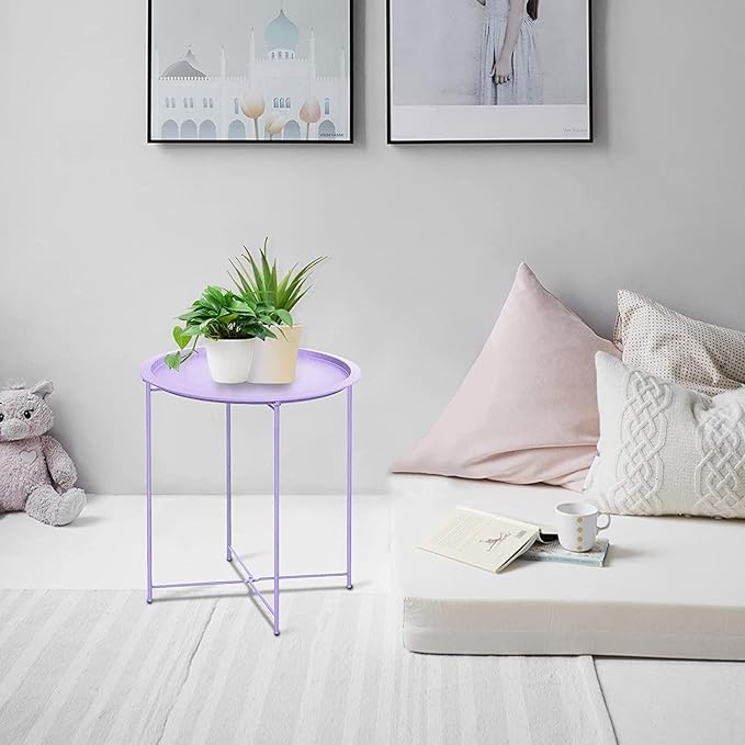 Garden 4 you End Table 2 PCS Metal Side Table Purple Round Folding Tray Cyan - Image 2