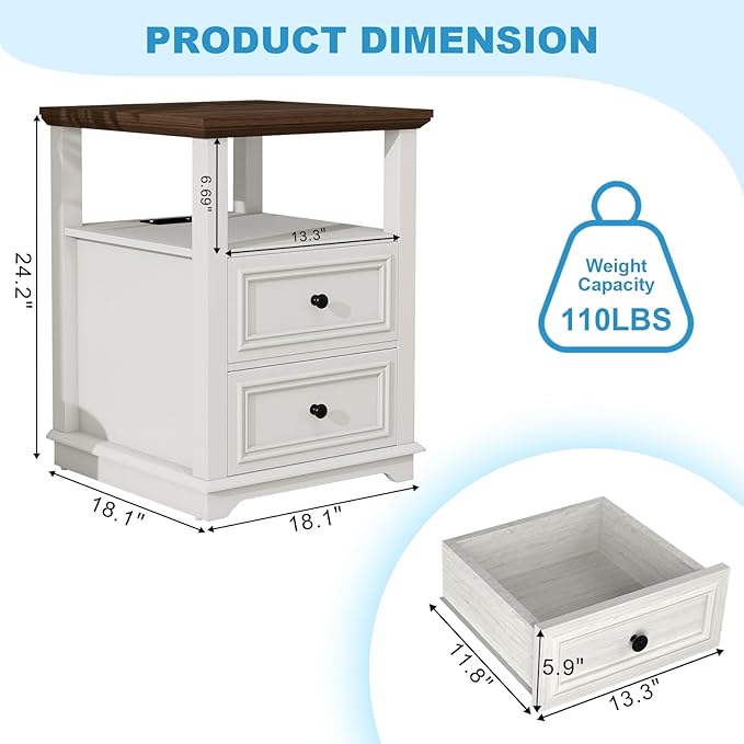 Vipbear Farmhouse Nightstand 18" White End Table - Image 3