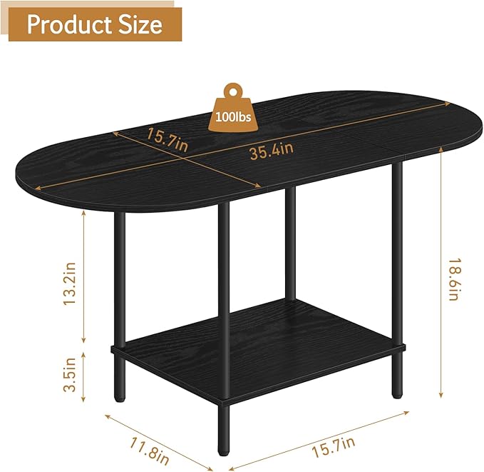 Black Coffee Table for Living Room, 2-Tier Small Oval Center Table, Mid Century - Image 2