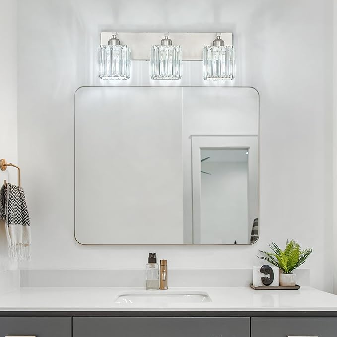 Modern Vanity Light 3-Lights Brushed Nickel Vanity Light Crystal Bathroom Wall - Image 7
