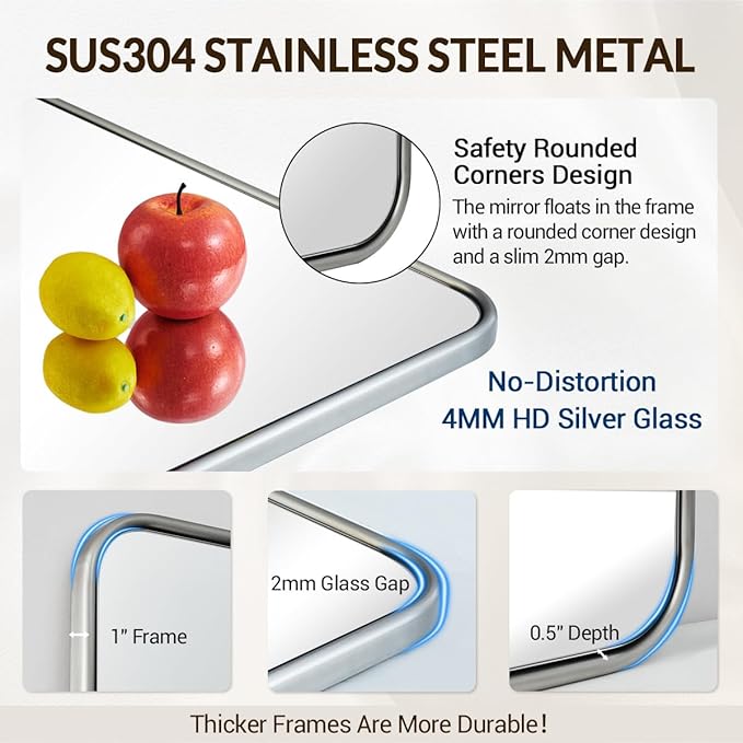 ANDY STAR Brushed Nickel Mirror, Stainless Steel Metal Frame 24x36 Inch - Image 6