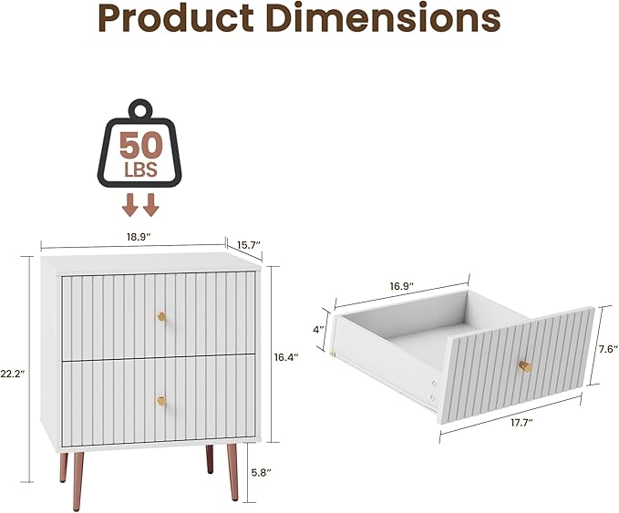 White Night Stand Set 2, Modern Bedside Table - Image 2