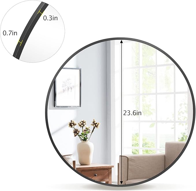 Round Mirror 23.6" Black Wall Mounted Circle Mirrors Vanity Mirror - Image 6