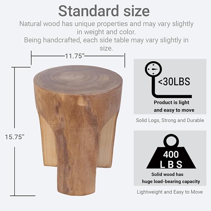 Athaliah Wood Side Table Stump, 15.75" H Rustic End Table Stool, Round Wooden - Image 2