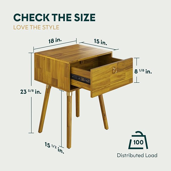 Bme Alden Wood Nightstand, Solid Wood End Table, Mid Century Modern Nightstand - Image 2
