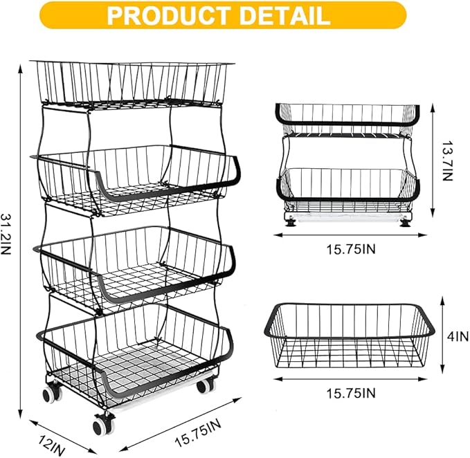 Fruit Vegetable Storage Basket, 4 Tier Stackable Metal Wire Storage Baskets - Image 5