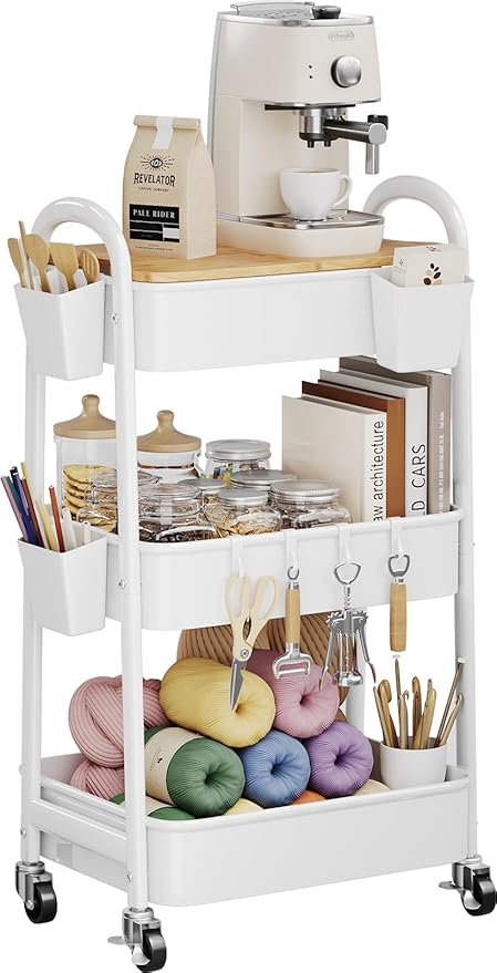 3 Tier Rolling Cart Metal with Wheels and Bamboo Table Top, Art Cart Organizer by Kzeirm