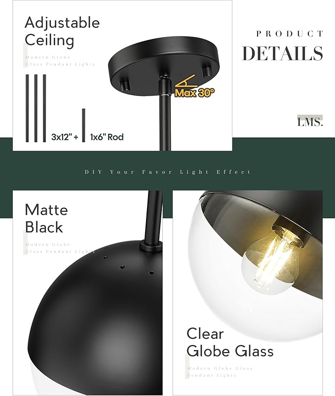 LMS Modern Pendant Lights, Matte Black Kitchen Island Pendant Light Fixtures - Image 3