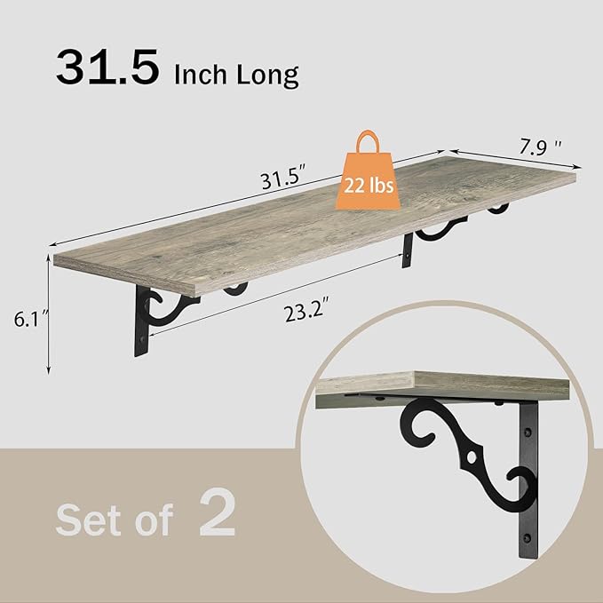 DINZI LVJ Long Wall Shelves, 31.5 Inch Large Floating Shelves Set of 2 - Image 3