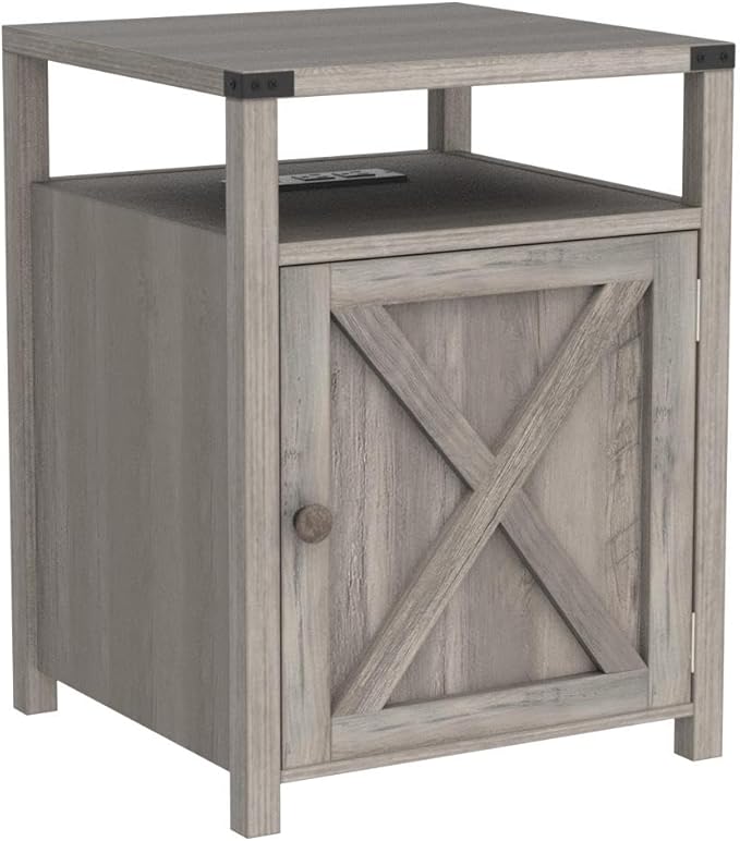 Farmhouse Nightstand with Charging Station, Rustic End Table Bedroom with - Image 5