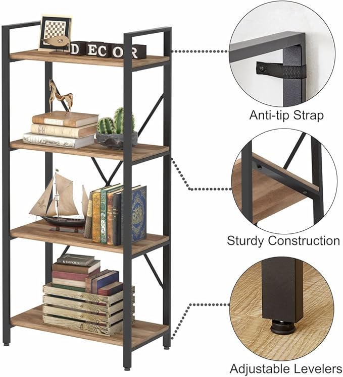 BON AUGURE Industrial 4 Tier Bookshelf, Modern Open Shelving Unit Book Shelves - Image 5