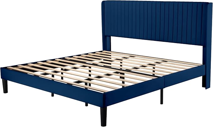 Allewie King Size Velvet Bed Frame/Vertical Channel Tufted Wingback - Image 8