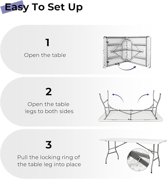 Folding Table 6ft Portable Heavy Duty Plastic Fold-in-Half Utility Foldable - Image 6