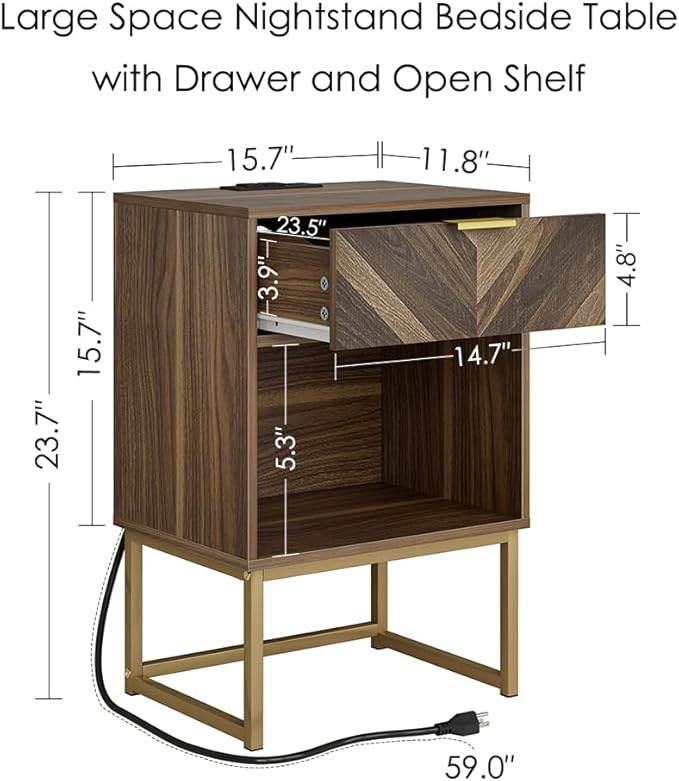 Masupu Nightstand with Charging Station, Modern Night Stand Boho Farmhouse Wood - Image 2