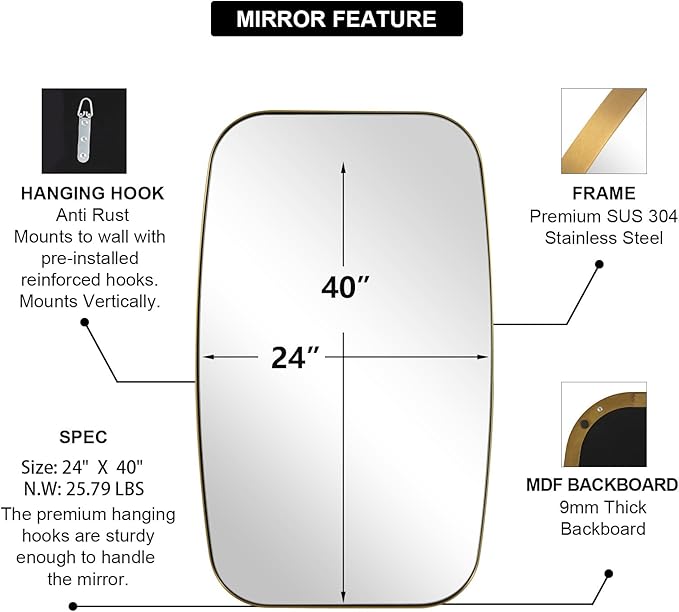 ANDY STAR 24x40” Gold Bathroom Mirror, Oblong Brass Mirror - Image 2