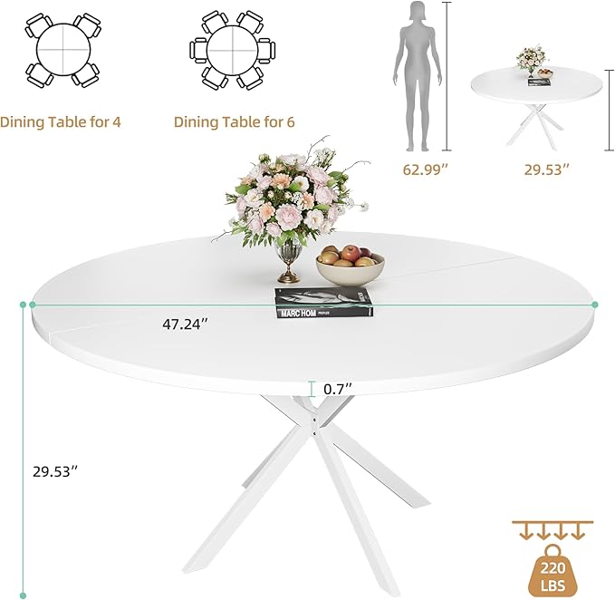 47.24" Round Dining Table for 4-6 Person, Modern Kitchen Table - Image 3