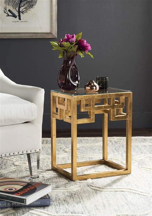 SAFAVIEH Home Collection Byram Greek Key Gold Glass Top End Table - Image 2
