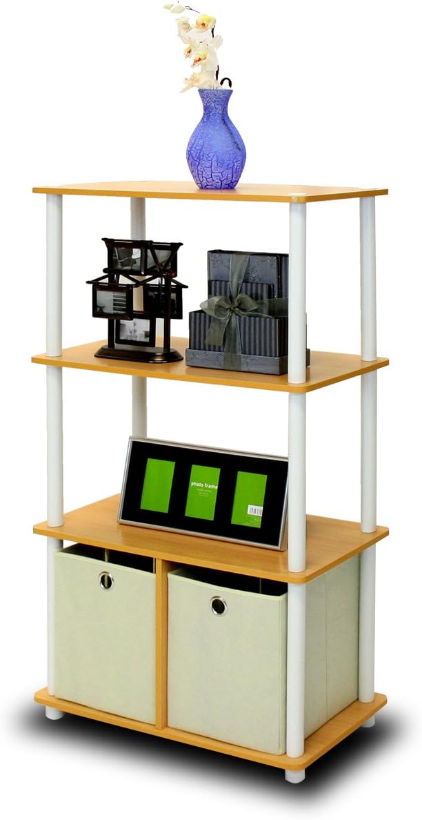 Furinno NW889BE/WH Go Green 4-Tier Multipurpose Storage Rack w/Bins, Beech/White by Furinno-FitsYourSpaceFitsYourBudget
