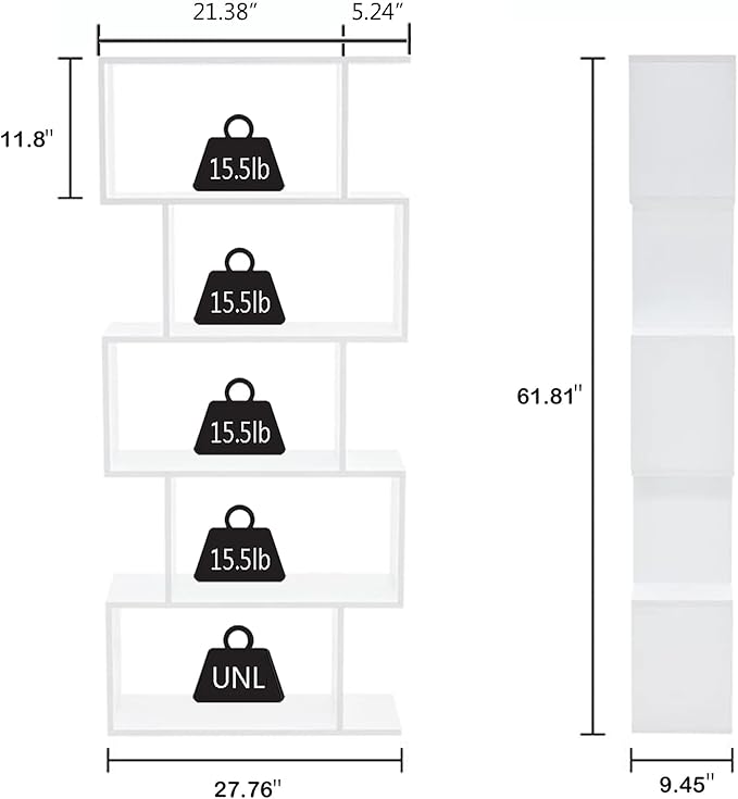 Yusong Bookshelf 5-Tier, Geometric Bookcase S Shaped Book Shelves - Image 3
