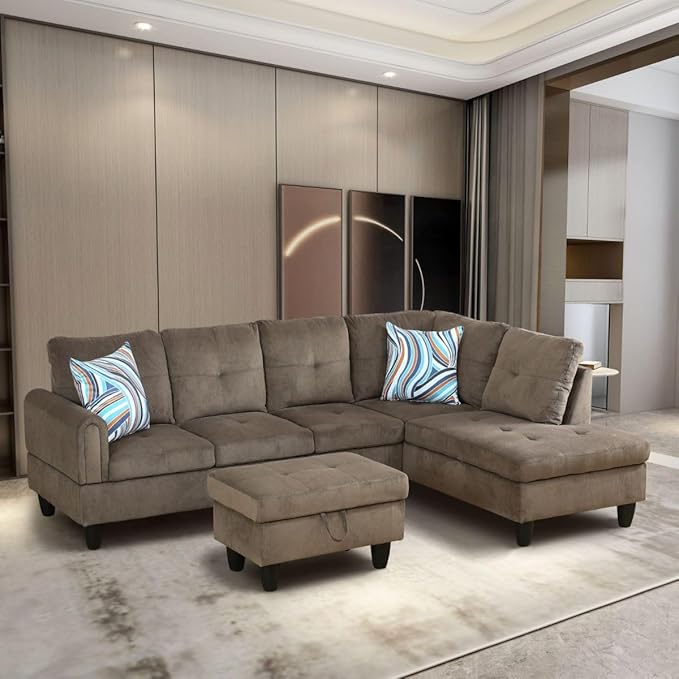 Brown L-Shaped 3-Piece Corduroy Sofa - Image 7