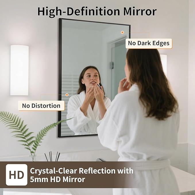 Matte Black Mirror, 40x30 Inch Aluminum Framed Rectangle Mirror, Tempered Glass - Image 2