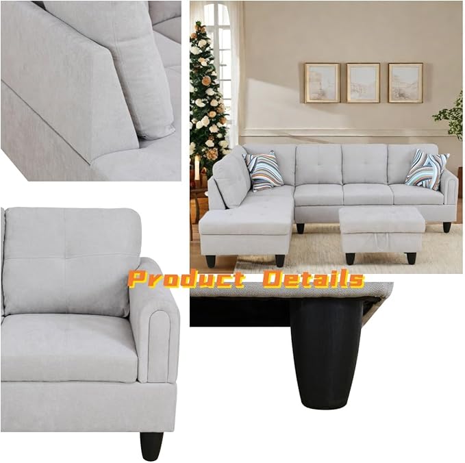 L Shaped Sectional Couch with Otttoman, Apartments, Light Grey - Image 3
