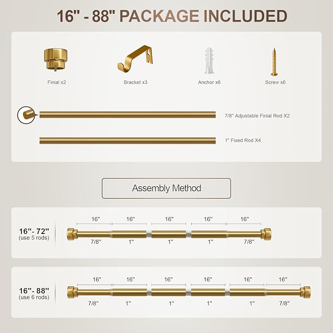 Modern Gold Curtain Rods for Windows 48 to 84 Inches Adjustable Length Heavy - Image 9